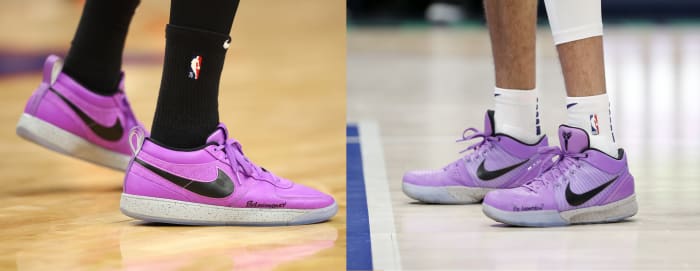 Side view of Devin Booker's purple and black Nike sneakers.